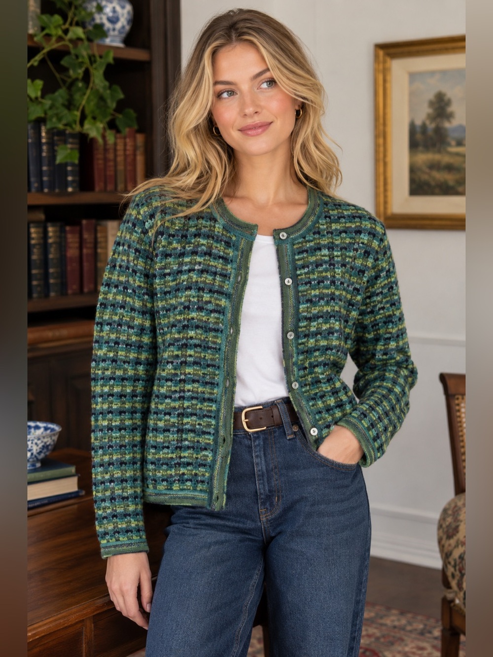 Karen Scott 100% Wool Cardigan Sweater M Green Teal Blue Black Dark Academia